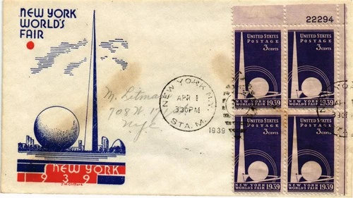 DR JIM STAMPS US COVER NEW YORK WORLDS FAIR FDC SCOTT 853 PLATE BLOCK CLIFFORD