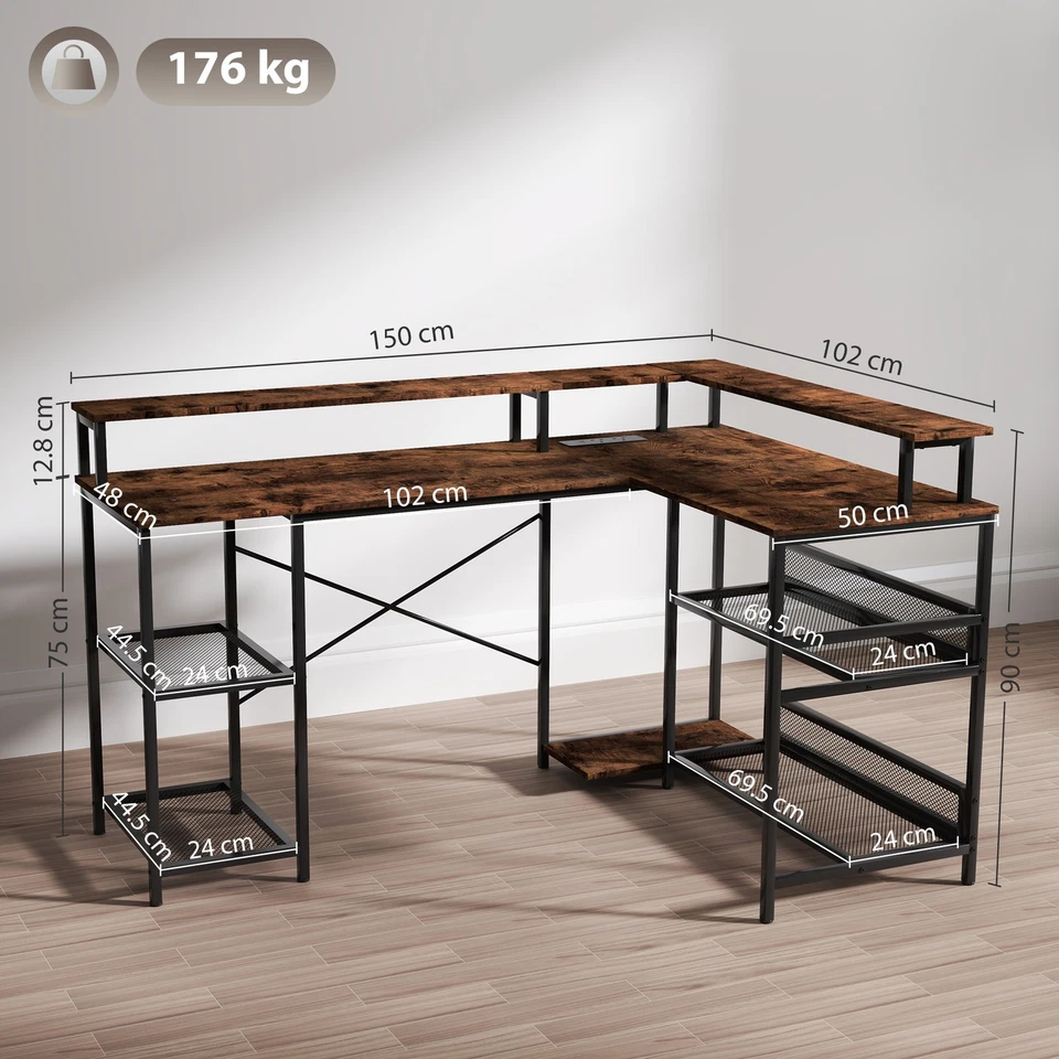 HOMCOM L Shaped Gaming Desk w/ LED Lights and Power Outlets for Small Space - Image 3 of 4