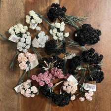 Vintage Mini Satin Ribbon Rose Bunches Wire Craft Roses Lot Flowers Black Pink