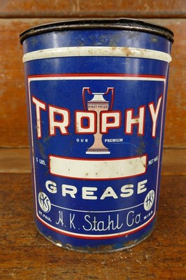 Vintage Trophy Grease Oil Co 5lb Five Pound Metal Grease Oil Can HK Stahl Co