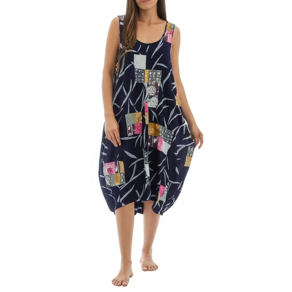 Vestido Boho Barril Retazos Azul Marino Dependiendo del Horizon 2XL Lagenlook Cocoon Foto 2 de 4