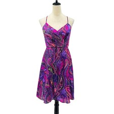 Trina Turk 6 Devendra Agra Paisley Purple Pink 100% Silk Satin Fit & Flare Dress