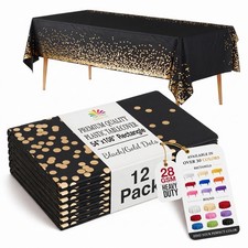 12Pack Premium Plastic Tablecloth 54in. x 108in. Rectangle Black and Gold