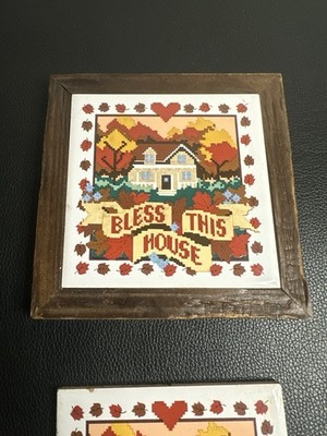 Vintage Telefora (4 BLESS THIS HOUSE CERAMIC WOOD FRAME 3 Tiles TELEFLORA  5x5 