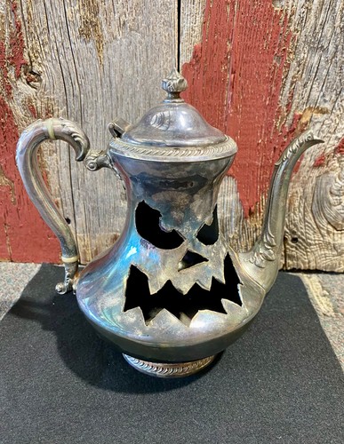 Halloween Handmade Jack-o-lantern Upcycled International Silver Co Plated Teapot