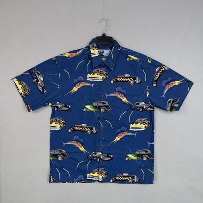 #ad AFTCO Bluewater Shirt Mens Large Blue Hot Rod Fish Hawaiian Casual Resort Vacay $17.77
