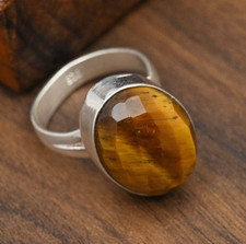 Faceted Tiger's Eye Gemstone Handmade 925 Sterling Silver Jewelry Ring For Love