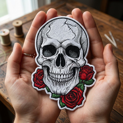 Embroidered Skull Rose Patch Gothic Skeleton Floral Iron On