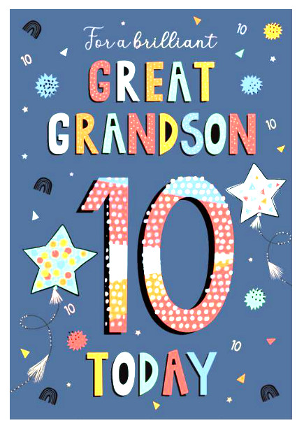 Birthday Card GREAT GRANDSON 10th 10. 9"" Card *With foiling,  paper pages inside