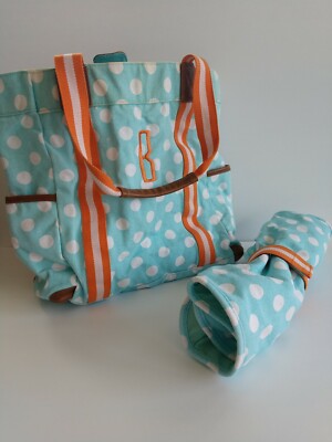 Pottery Barn Kids Aqua/blue Dot orange Diaper bag tote monogrammed 