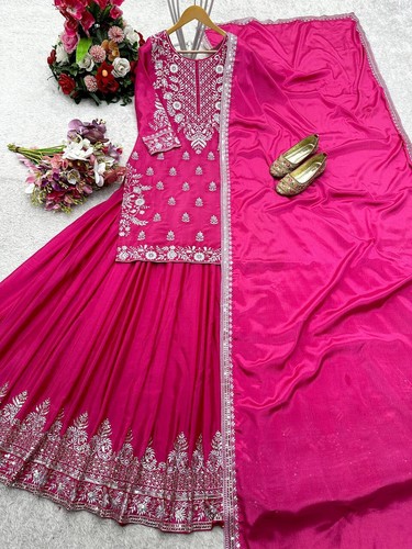 Latest New Pure Chinnon Silk Pink Top And Lehenga With Dupatta For Wedding Wear - Picture 11 of 13
