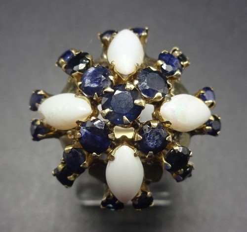 ESTATE Vintage 14k GOLD Domed Cocktail RING Blue SAPPHIRE and OPAL size 6.75