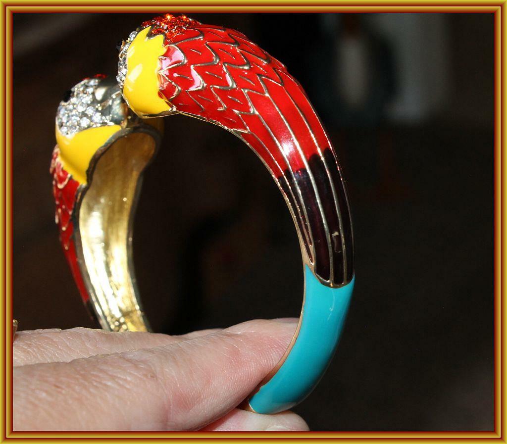 PARROT BANGLE BRACELET Hinged Closure Crystal & Enamel NEW Off