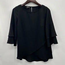 AGB Poncho Top Women’s M Black Cross Hem Chiffon Layered Bell Sleeve
