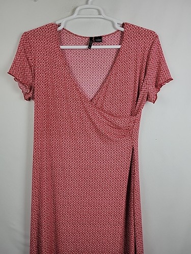 New Directions Red Geometric SS Surplice Neck Midi Shift Dress Women's Large - Picture 2 of 9