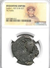  Giustino I, AD 518-527. Æ Follis. Impero Bizantino, Certificato NGC