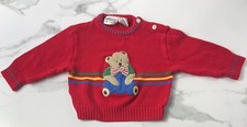 VTG Kid Exchange Red Knit Sweater Teddy Bear Bow Tie Stripes Multicolor 12 Month