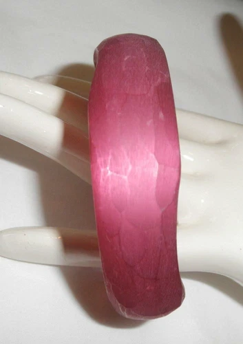 Satin Finish Lucite Rose Bangle Bracelet Faceted Face, Irregular Edge