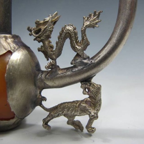 Old Chinese Handmade Inlay Yellow Jade Tibet Silver Dragon Smoking Pipe 1037 - Picture 4 of 6