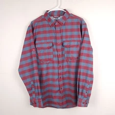 AFTCO Shirt Mens Medium Red Blue Plaid Button Down Flannel Fishing Vented AFTECH