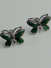 Sterling Silver 925, Butterfly Post Earring With Green Enamel.