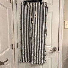 French Laundry Womens Striped Wide Leg Side Button Pants Navy White Large