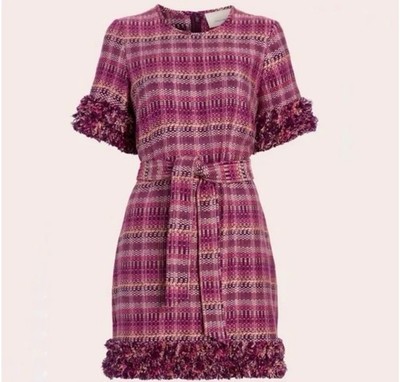 Cinq à Sept Pink Tweed Fringe Mini Dress Belted Size 6 NWT Bouclé Short Sleeve
