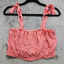 Kiwi+Punch Top Womens M Coral Pink Floral Tie Shoulder Strap Ruffle Smocked Crop