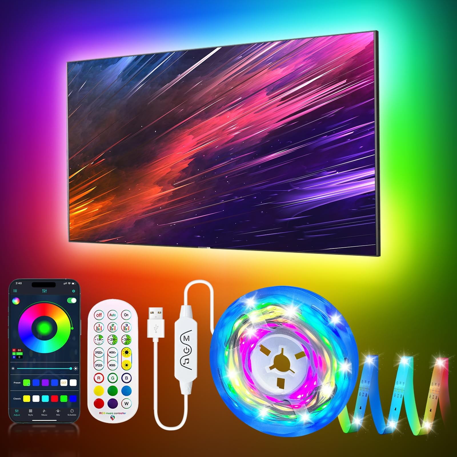 13.1FT ICRGB TV LED Backlight Strip for 43-55 Inch TVs & Monitors with Music Sync