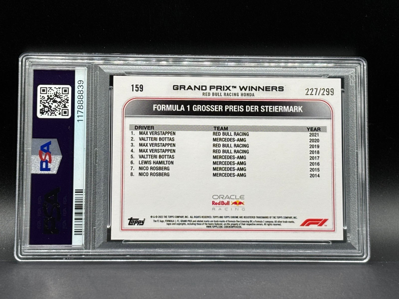 2022 Topps Chrome Formula 1 #159 Max Verstappen Mini Diamond /299 PSA 10 view 2