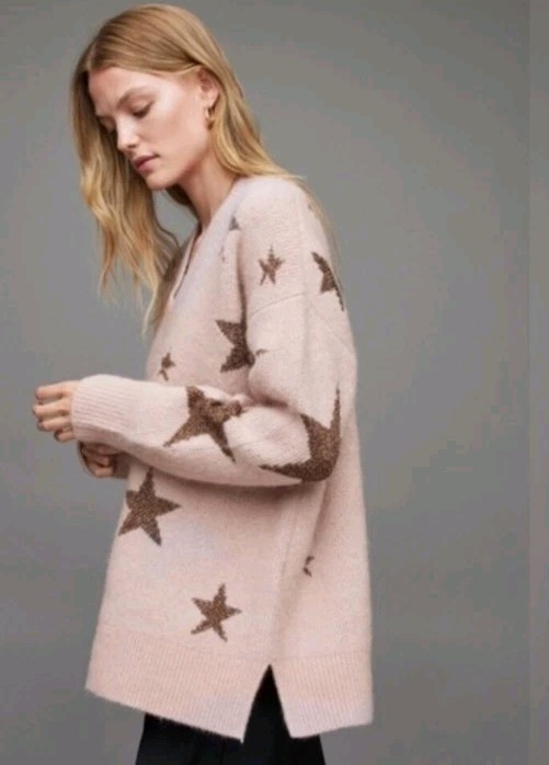 NEW! All Saints S Caroline Oversized Dusty Rose Sparkle Star Sweater $400