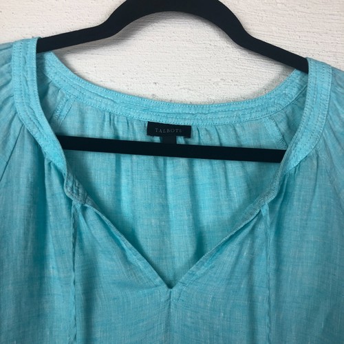 Talbots Womens 100% Linen Short Puff Sleeve V-Neck Tassled Blouse Size L Blue - Picture 6 of 12