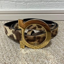 Salvatore Ferragamo Waist Belt Black Brown Leather Leopard Print Harako Women