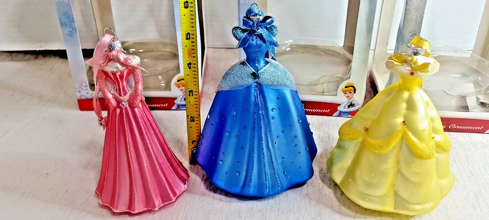 3 adornos de vestido de princesa de vacaciones Disney vidrio soplado caja original 7" Foto 3 de 4