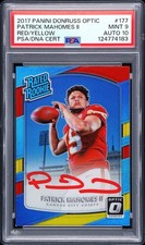 PATRICK MAHOMES SIGNED 2017 PANINI DONRUSS OPTIC RED/YELLOW ROOKIE PSA 9 AUTO 10