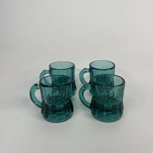 Lot of 4 Vintage Federal Glass Mini Beer Mug Toothpick Holder Shot Glass teal