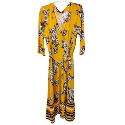 Mille Gabrielle Dress Womens 2X Yellow Floral Faux Wrap Striped Hem 3/4 Sleeve