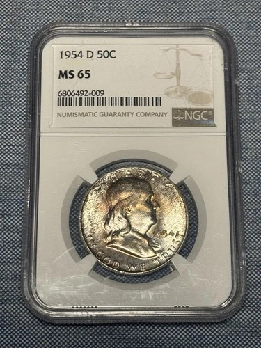 1954 D 50C MS 65 Franklin Half Dollar 90% Silver Graded MS 65 NGC Toned See Pics