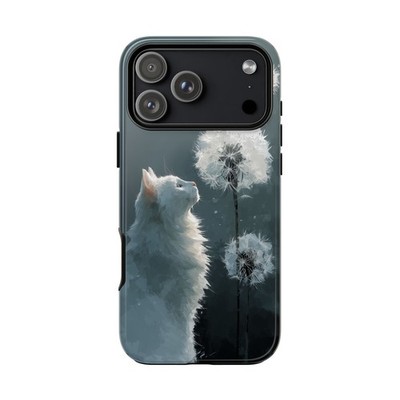 White Cat Dandelion Floral | Tough Phone Case | iPhone, Galaxy, Pixel
