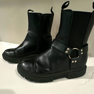 Women s Black Ankle Biker Boots Buckle Studded Zip Round Toe Rubber Sole