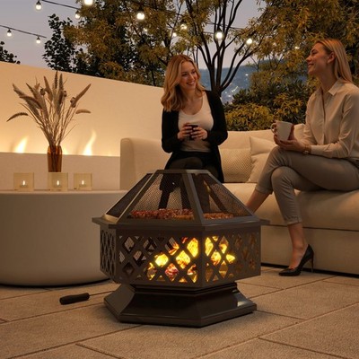 Outsunny 28'' Outdoor Fire Pit with Grill Poker Wood Burning Firepit, Black