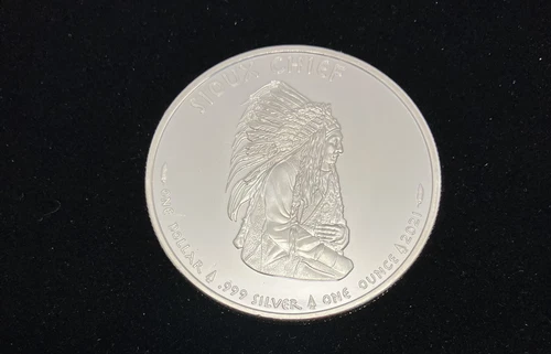 2021 1oz .999 Silver Proof-Like Sioux Chief Sovereign Nation One Dollar In Cap A