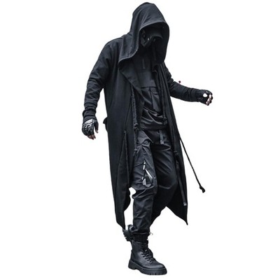Gothic Cloak Long Hoodie Men Black Wizard Hoodies Streetwear