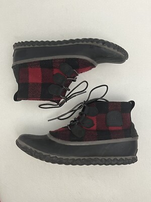 Sorel Out N About Ankle Boots Red Black Buffalo Plaid Check Shoes Women’s  Sz