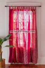 Indian Vintage Sari Patchwork Curtain Drape Window Boho Decor Silk Pink Curtain