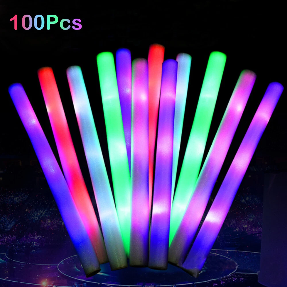 100 PCS LED Light Up Foam Sticks Cheer Tube Soft Glow Baton Wands Gift New  18