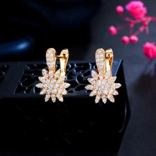 Dubai Yellow Gold Plated Cubic Zirconia Flower Round Tennis Tiny Hoop Earrings 