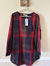 NWT Cupshe Womens Size Small Red Plaid Shift Dress Roll Tab Sleeves Pockets