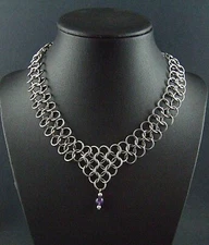 Amethyst Crystal Stainless Steel Chainmail Necklace RenFayre Medieval Fantasy