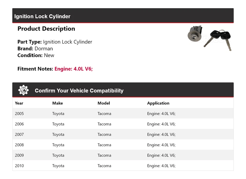 Cilindro de bloqueo de encendido Dorman V6 4,0 L para Toyota Tacoma 2005-2010 2006 2007 Foto 2 de 4